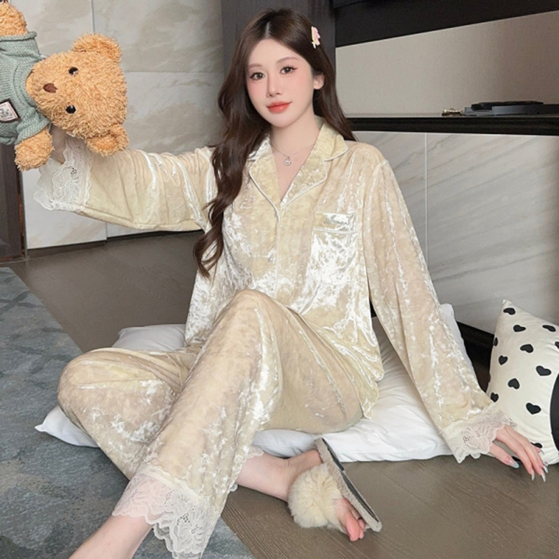 维多利亚2024年新款金丝绒睡衣女春秋冬季长袖纯色简约高级感家居