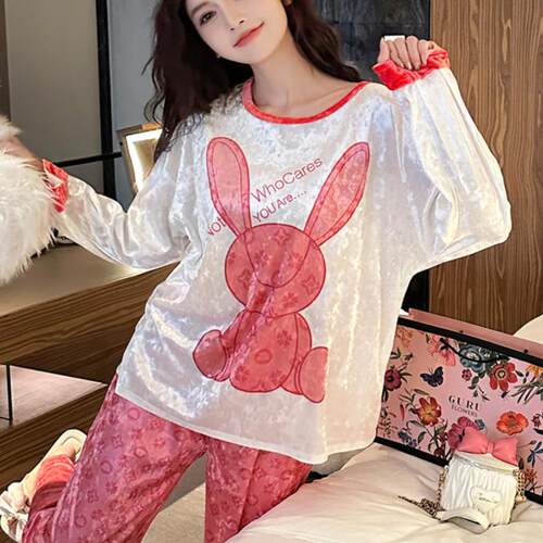 维多利亚粉色兔子套头金丝绒睡衣女秋冬季套装2025新款钻石绒家居