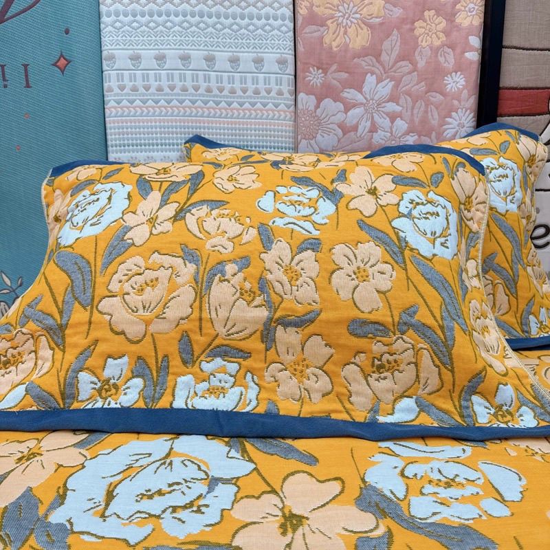 繁花黄色枕巾一对高档加大纱布枕头巾【尺寸52厘米*78厘米】