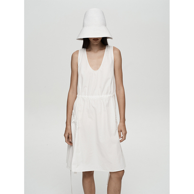 度假感抽褶休闲纯棉无袖连衣裙
