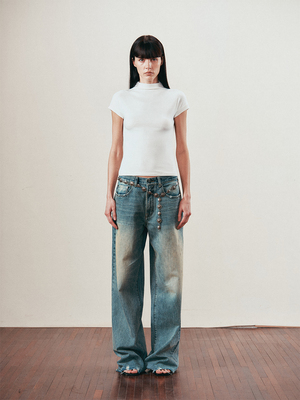 复古水洗刺绣牛仔裤长裤