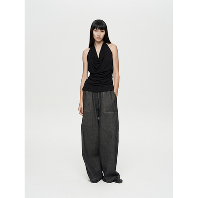 真丝棉显瘦褶皱荡领吊带挂脖上衣