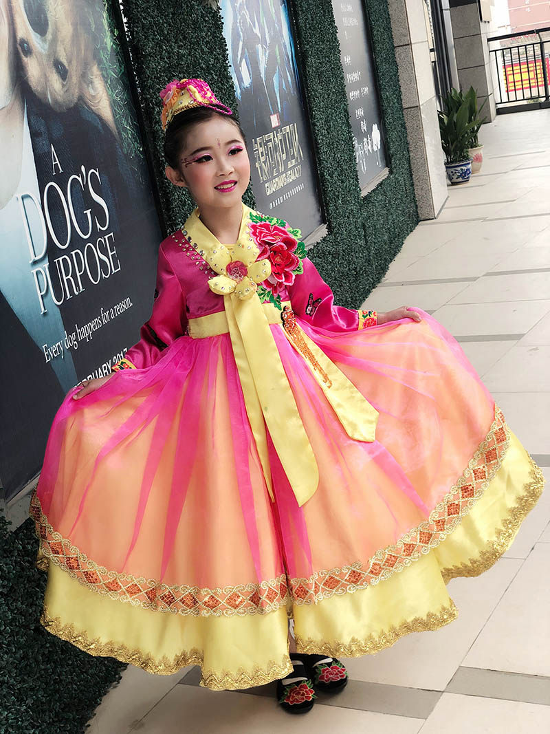 特价!快乐阳光女童金达莱斯密达金色的长鼓韩服朝鲜族唱歌演出服