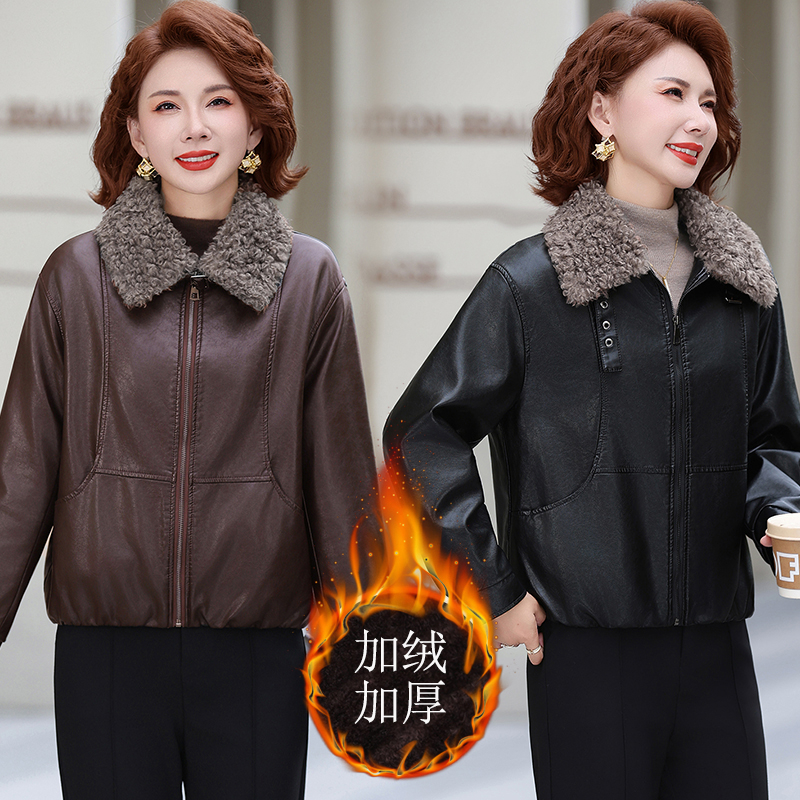妈妈冬季加绒保暖皮衣夹克外套女