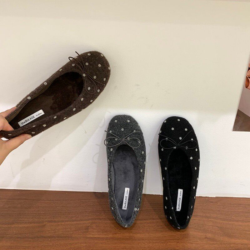 毛呢料!韩系复古风波点单鞋保暖加绒通勤女鞋秋冬配裙子芭蕾舞鞋