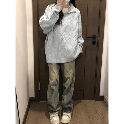 美式复古做旧破洞阔腿牛仔裤女纹理设计感高腰宽松显瘦垂感直筒裤