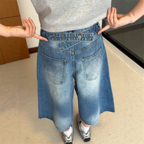 复古巴黎扣竹节牛仔短裤子女夏季