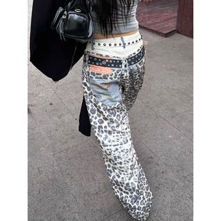 街头宽松直筒阔腿裤 美式 男女秋季 覆古双腰头3D印花豹纹牛仔裤 大码