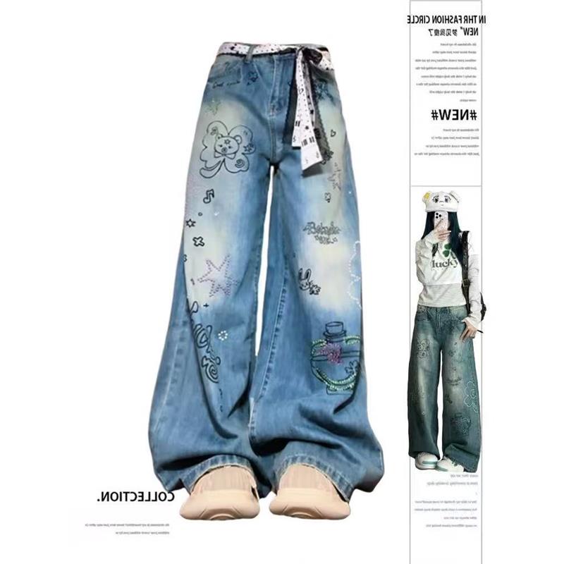 胖mm美式复古烫钻涂鸦牛仔裤大码新款街头辣妹宽松显瘦百搭阔腿裤