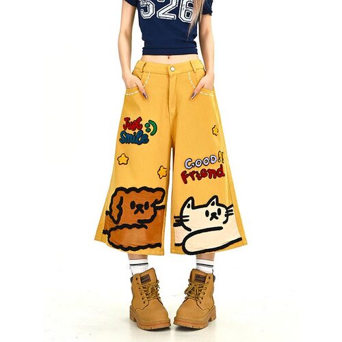 卡通猫狗牛仔七分裤女2026夏季