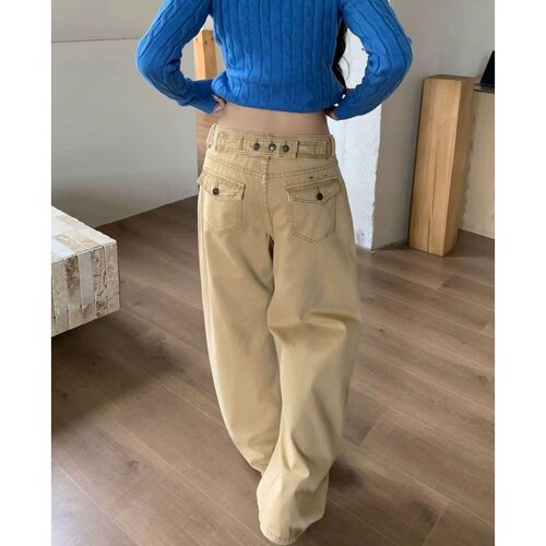 可调节巴黎扣阔腿牛仔裤女秋冬季