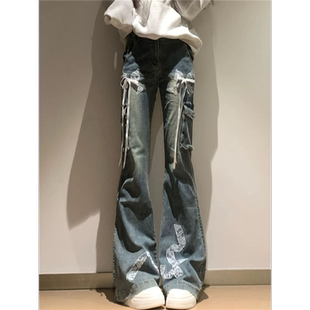 女低腰修身 美式 復古大碼 水洗蕾絲拼接微喇叭牛仔褲 潮 顯瘦墜感長褲