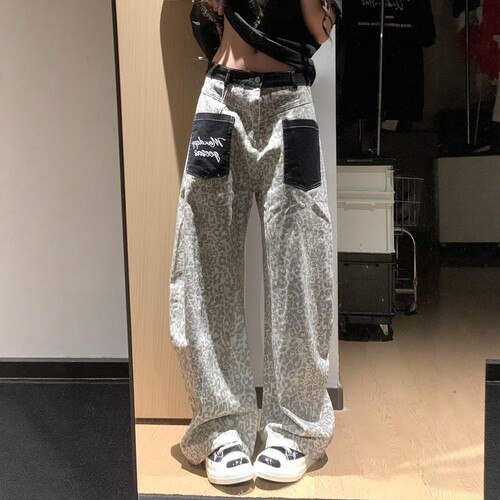 美式复古拼接豹纹弯刀设计感宽松