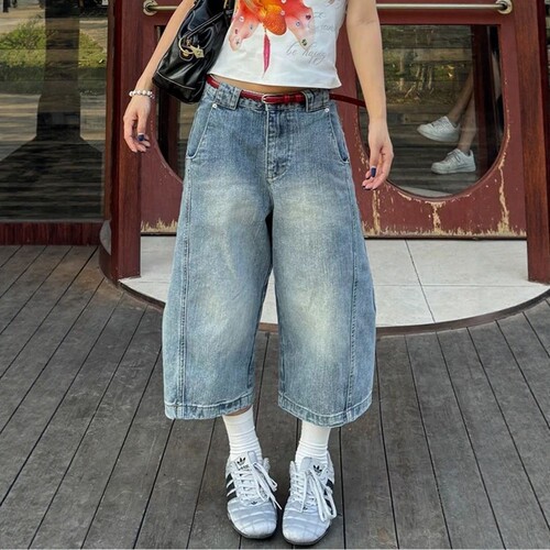 美式大码辣妹宽松百搭牛仔短裤子