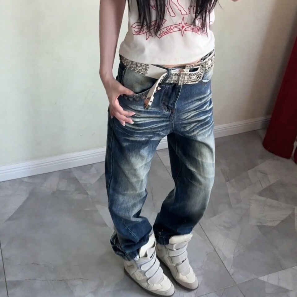 美式vibe大码水洗做旧铆钉微喇牛仔裤女辣妹修身显瘦阔腿坠感长裤