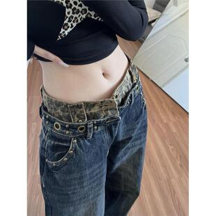 美式复古豹纹拼接直筒牛仔裤女秋冬款高街设计感宽松显瘦阔腿裤子