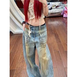 美式辣妹做旧高街设计个性刺绣牛仔裤女复古泥染反转口袋拖地长裤