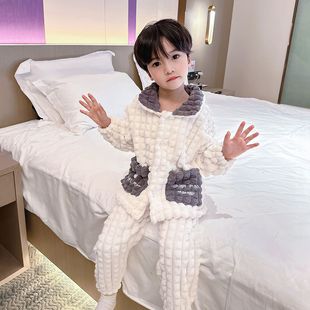 全棉纯棉秋冬季 珊瑚绒男童保暖儿童睡衣法兰绒居家服男孩宝宝加绒