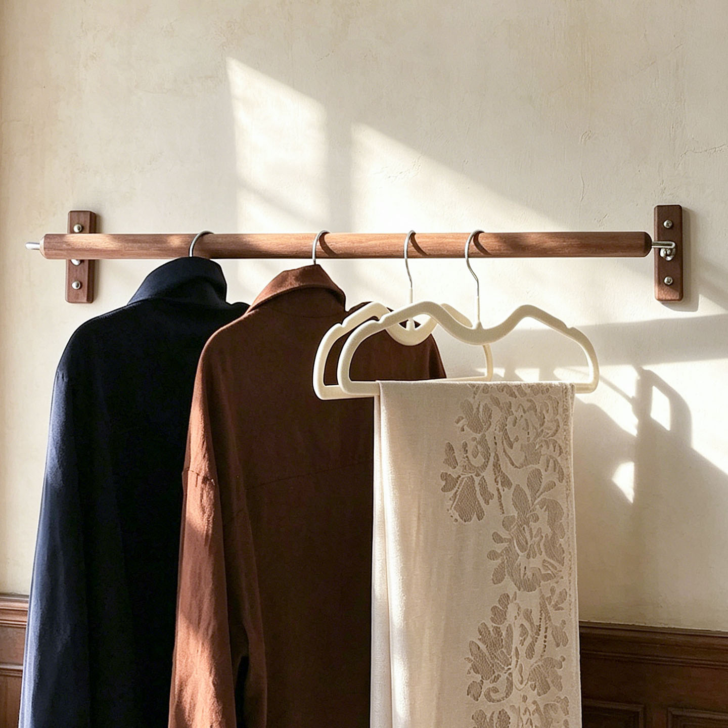 胡桃木实木挂衣架次净衣收纳壁挂式墙上挂衣服的架子服装店展示架图片
