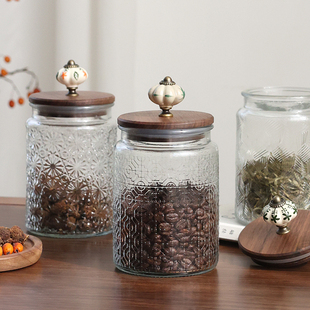 胡桃木盖复古浮雕玻璃储物罐咖啡豆收纳罐茶叶粗粮厨房食品密封罐