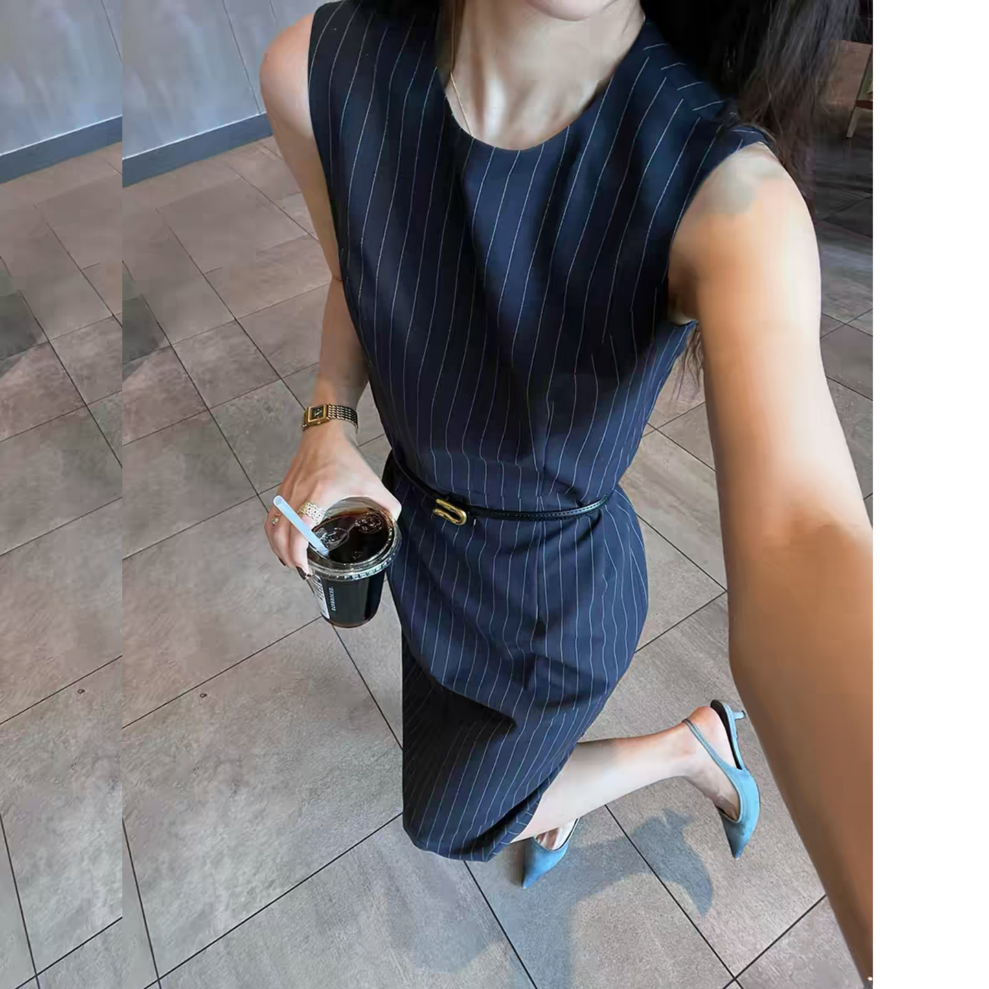 夏季黑色条纹显瘦无袖连衣裙高腰包臀裙气质通勤工作裙百搭西装裙