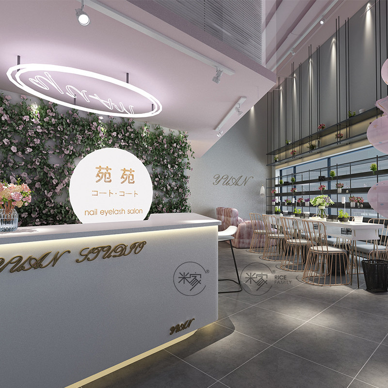 美容院装修设计网红美甲店皮肤管理中心形店面装修设计效果图