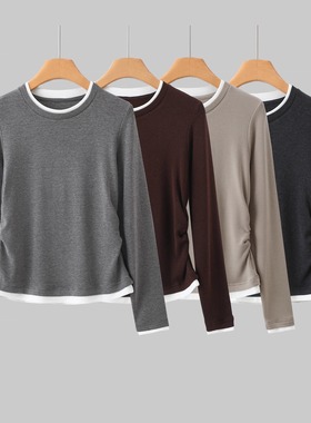 【撞色假两件小蛮腰加绒内搭】280g显瘦于形 |  侧抽褶假两件3101