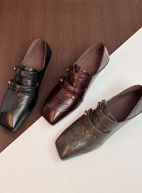 复古方头低跟深口单鞋女大码可踩跟魔术贴黑色小皮鞋女款春季新款