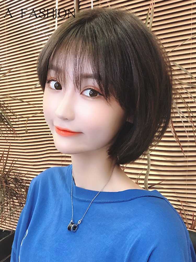 高档假发短发女夏自然真人发丝网红圆脸短发造型波波头全头套式假