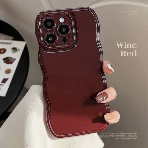 复古酒红色苹果手机壳iphone高级适用promax波浪边纯色