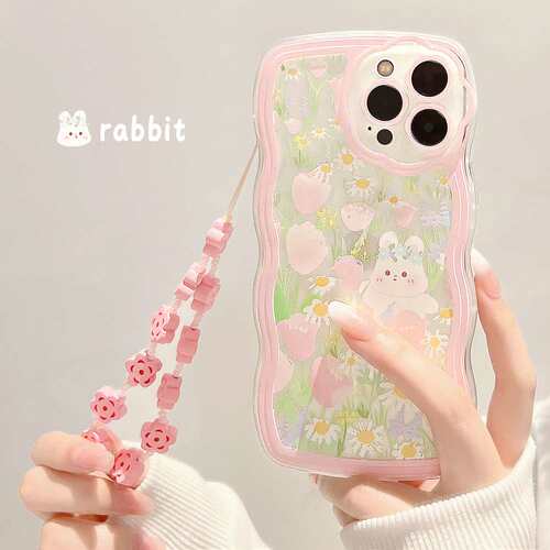 波浪边花朵小兔适用iphone手机壳promax苹果硅胶xs粉挂绳