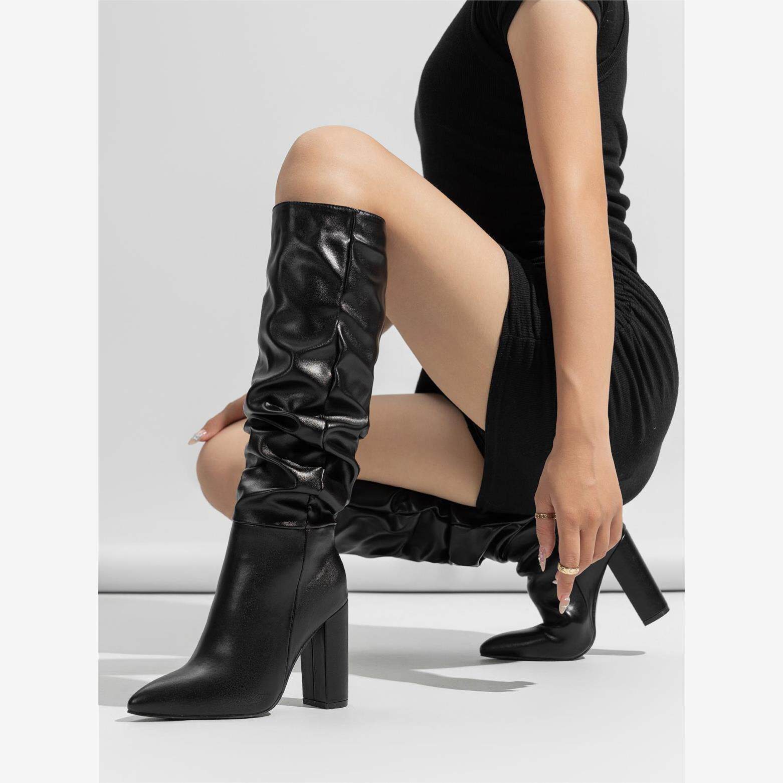 欧美风尖头粗跟长筒靴超高跟套筒褶皱面高筒靴女靴子 Women Boots