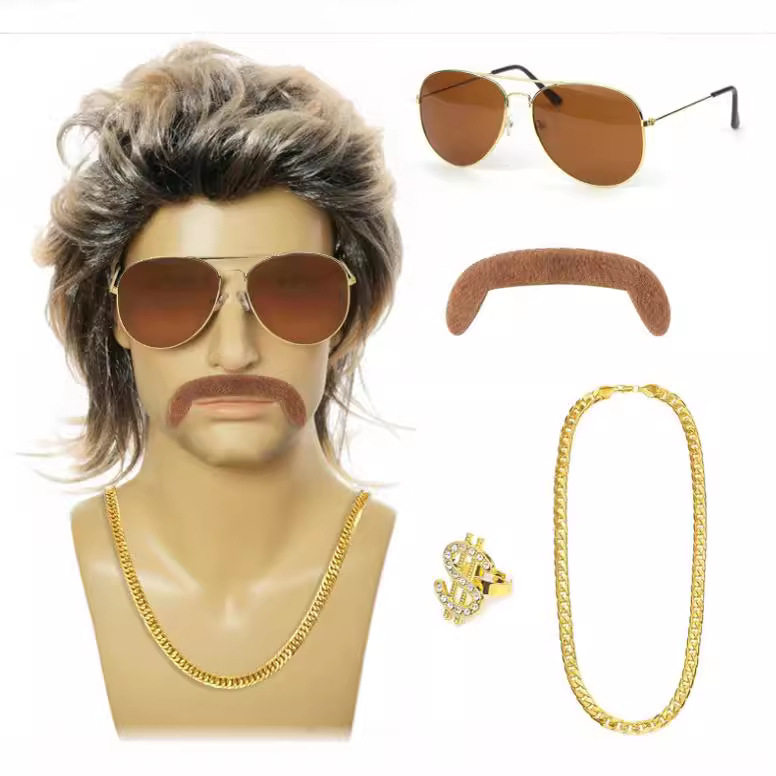 嬉皮士爆炸头假发豪华眼镜Disco项链套装Hippie主题派对表演假发