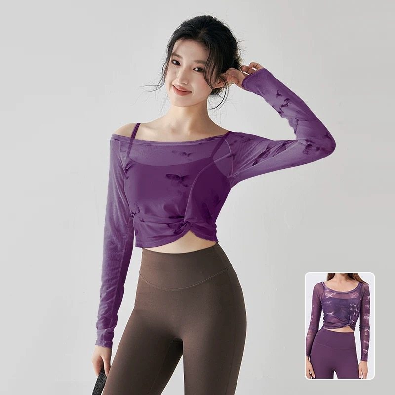 假两件蝴蝶网纱运动上衣女普拉提瑜伽服固定式胸垫速干健身服长袖