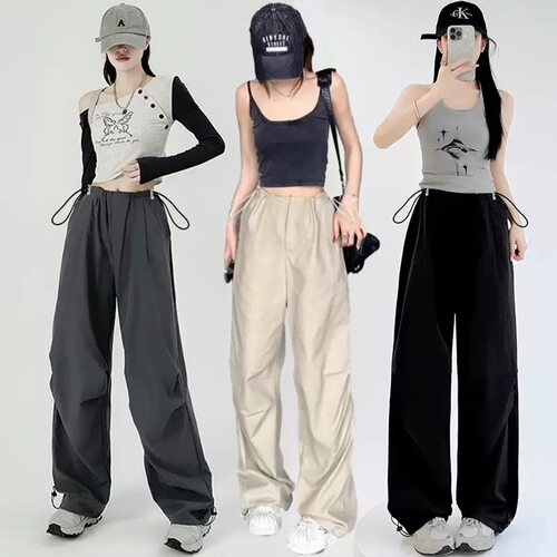 美式高腰阔腿工装运动长裤女