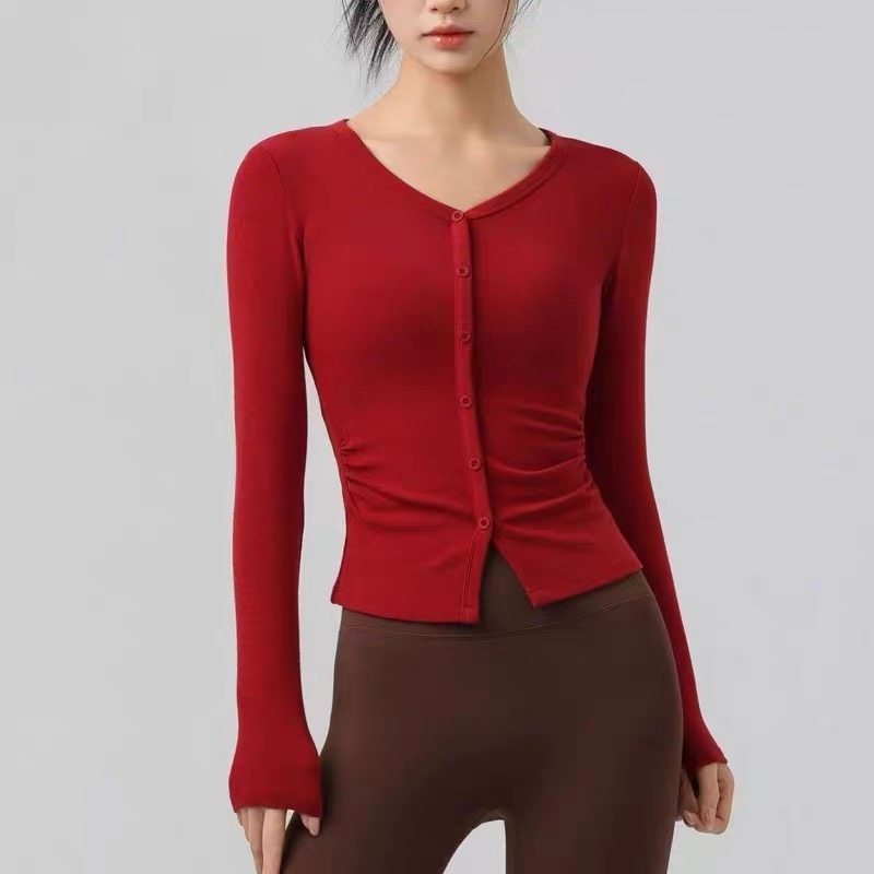 瑜伽服红色V领长袖修身运动上衣女纽扣开衫显瘦普拉提上衣跑步T恤,运动/瑜伽/健身/球迷用品,瑜伽t恤,淘宝优惠券,粉丝福利购,淘宝优惠卷