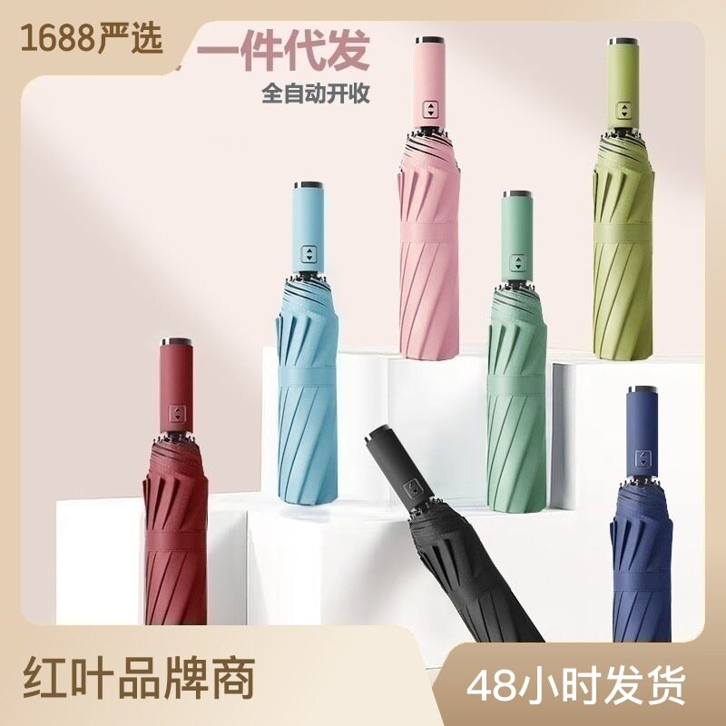 红叶雨伞三折伞防紫外线全自动10骨加大遮阳伞晴雨伞工厂