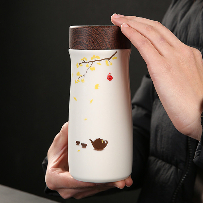 高档陶瓷保温杯双层青花瓷内胆创意广告商务礼品杯子定制logo