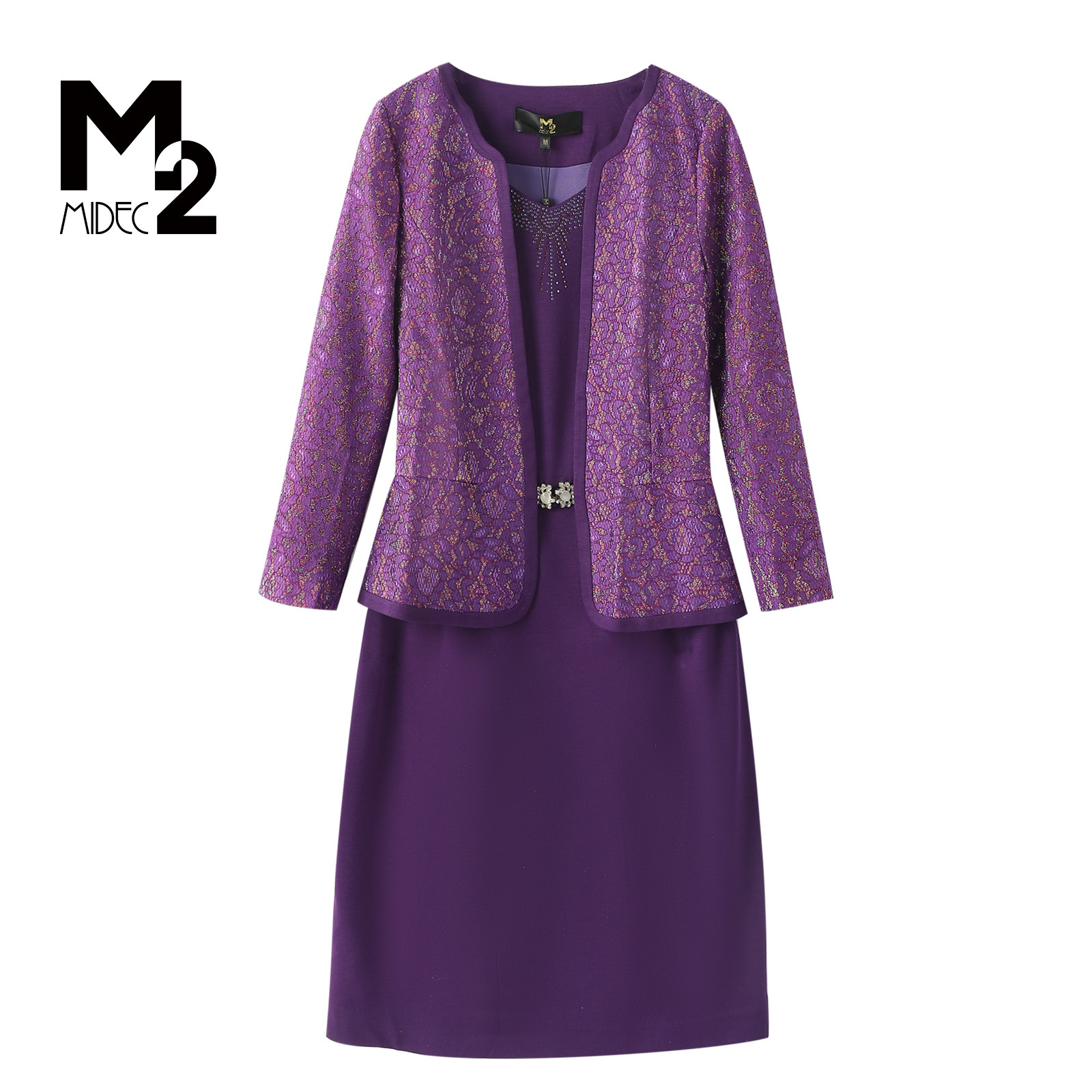 M2奥莱店春秋气质蕾丝连衣裙长袖开衫外套显瘦假两件套装裙