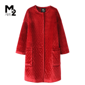 M2奥莱店春秋厚款 红色外套 复古简约风圆领菱格纹风衣女中长款