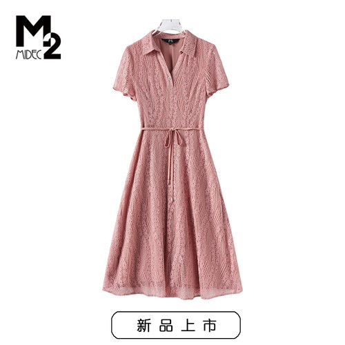 M2品牌奥莱店女装收腰显瘦衬衣领短袖连衣裙