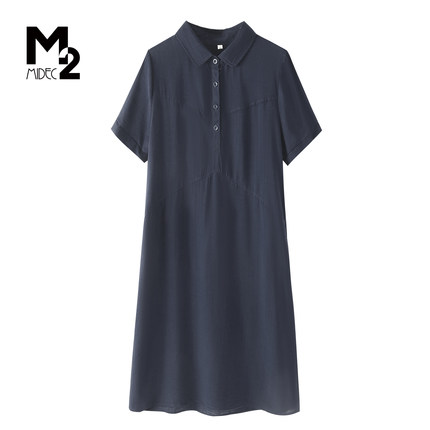 M2奥莱店夏休闲风翻领短袖连衣裙女夏季宽松显瘦中长款衬衫裙