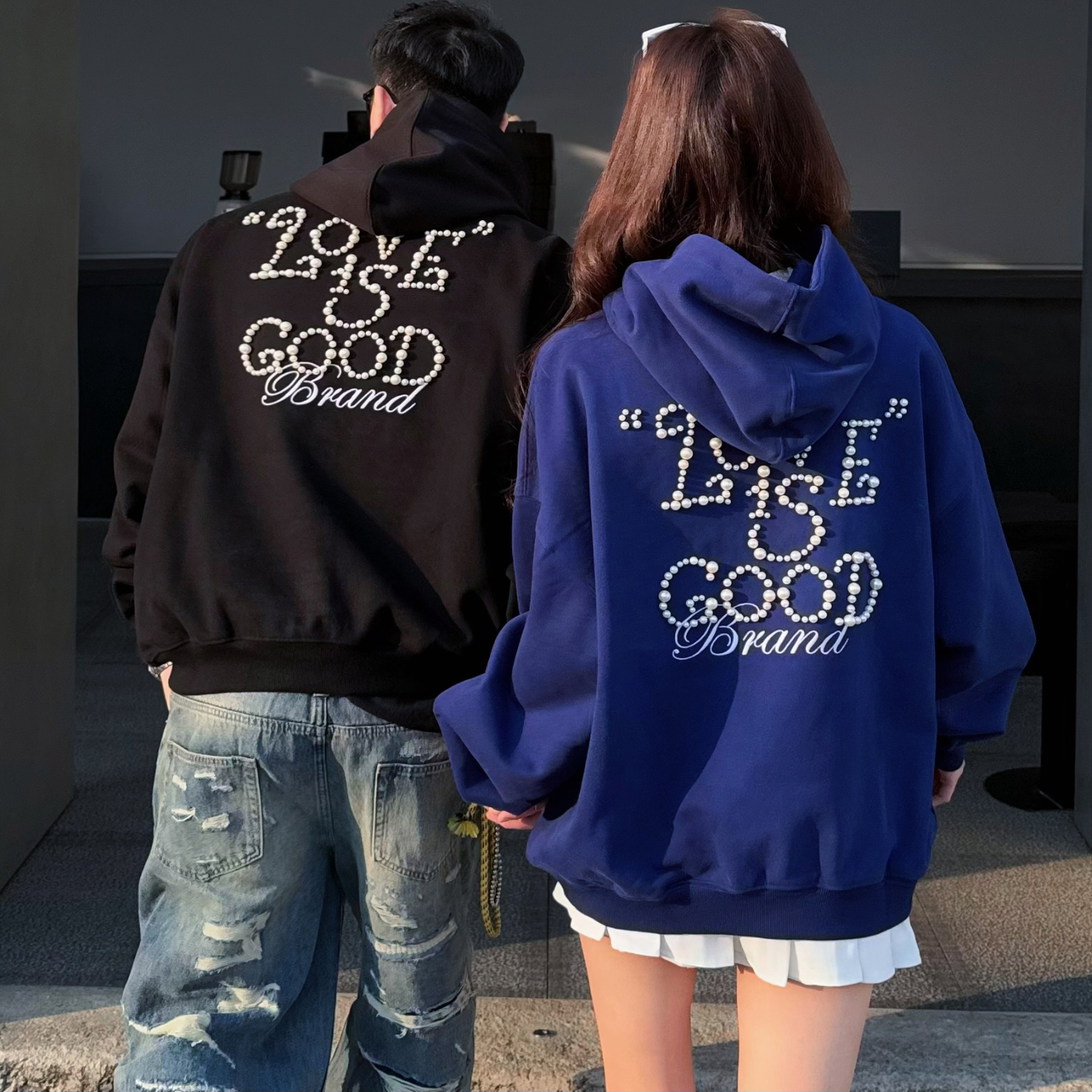 GOODBRAN款连帽卫衣Love is good珍珠标语男女情侣美式重磅连帽衫