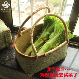 竹编手提篮家用买菜篮子精编环保外出购物篮水果蔬菜采摘篮大小号