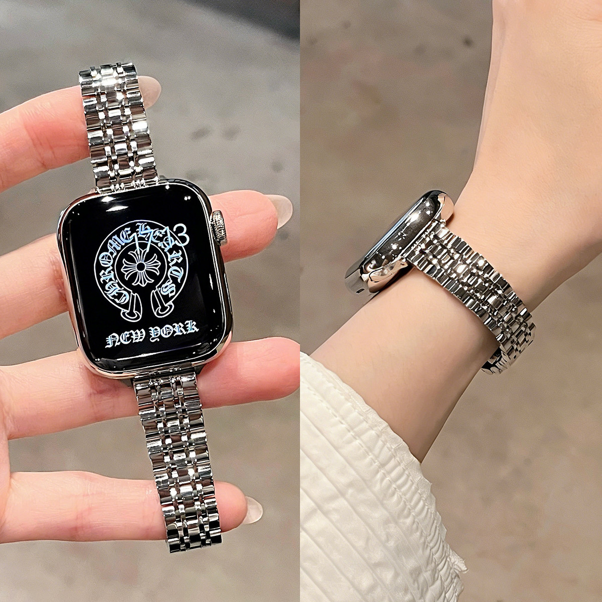 适用iwatchs11手表带高级感小众applewatchs10女款新品苹果s9金属表链se3版韩系高颜值s8女士s7质感6夏天女生图片
