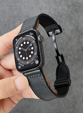 适用iwatchs9手表带男款疯马皮iwatchultra新款苹果11智能手表链s8s76真皮磁吸秋冬se2男士applewatchs10质感