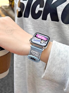 适用applewatchs10表带牛仔刺绣猫咪s9腕带真皮iwatchs10高级感手表链se女式小众s8苹果s11手表s7手表带6夏天