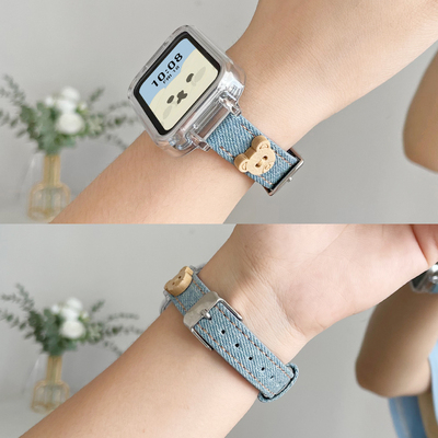 适用小米手环9/8pro表带新款真皮女生小米7pro手表带智能运动手表8por保护壳替换带牛仔小熊腕带表链女款夏天