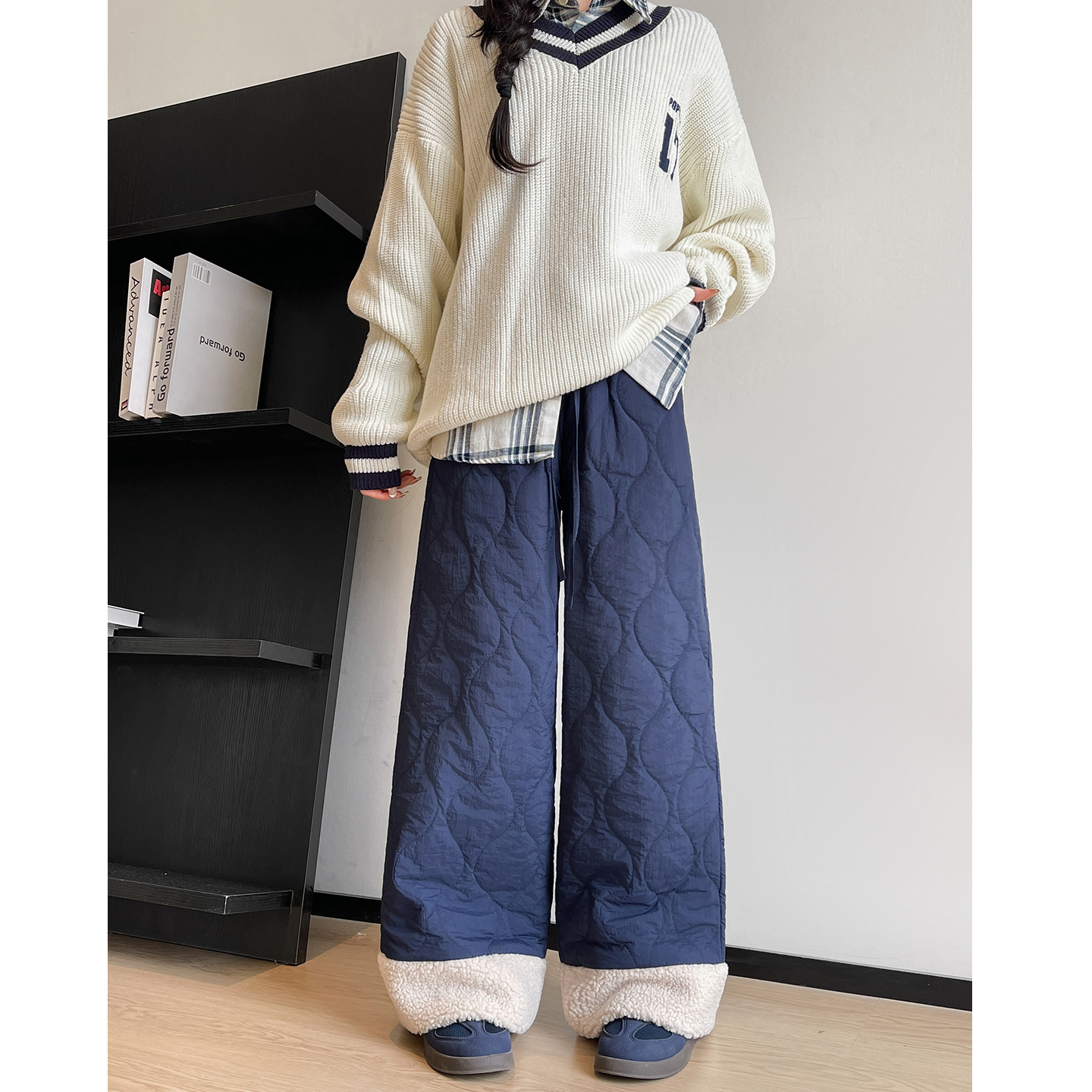 藏青色阔腿棉裤女秋冬2025新款