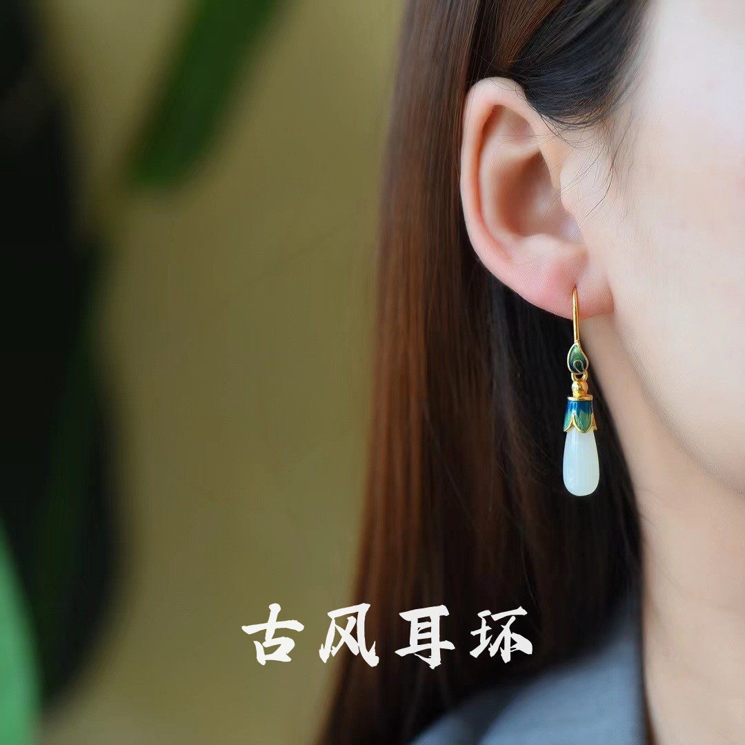 天然和田白玉兰花耳环古风配汉服旗袍耳坠女士中国民族风耳饰耳钩